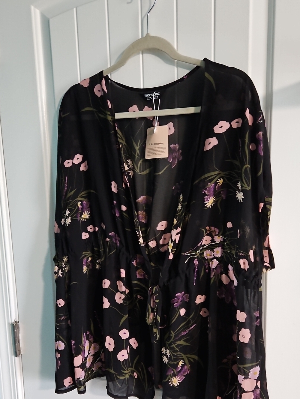 BloomChic Black Sheer Floral Wrap Robe with Pink & Purple Blooms